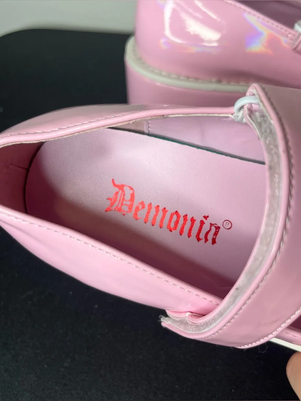 Demonia Dollie 01 Baby Pink Holo Patent Platform Mary Janes Goth Anime Kawaii